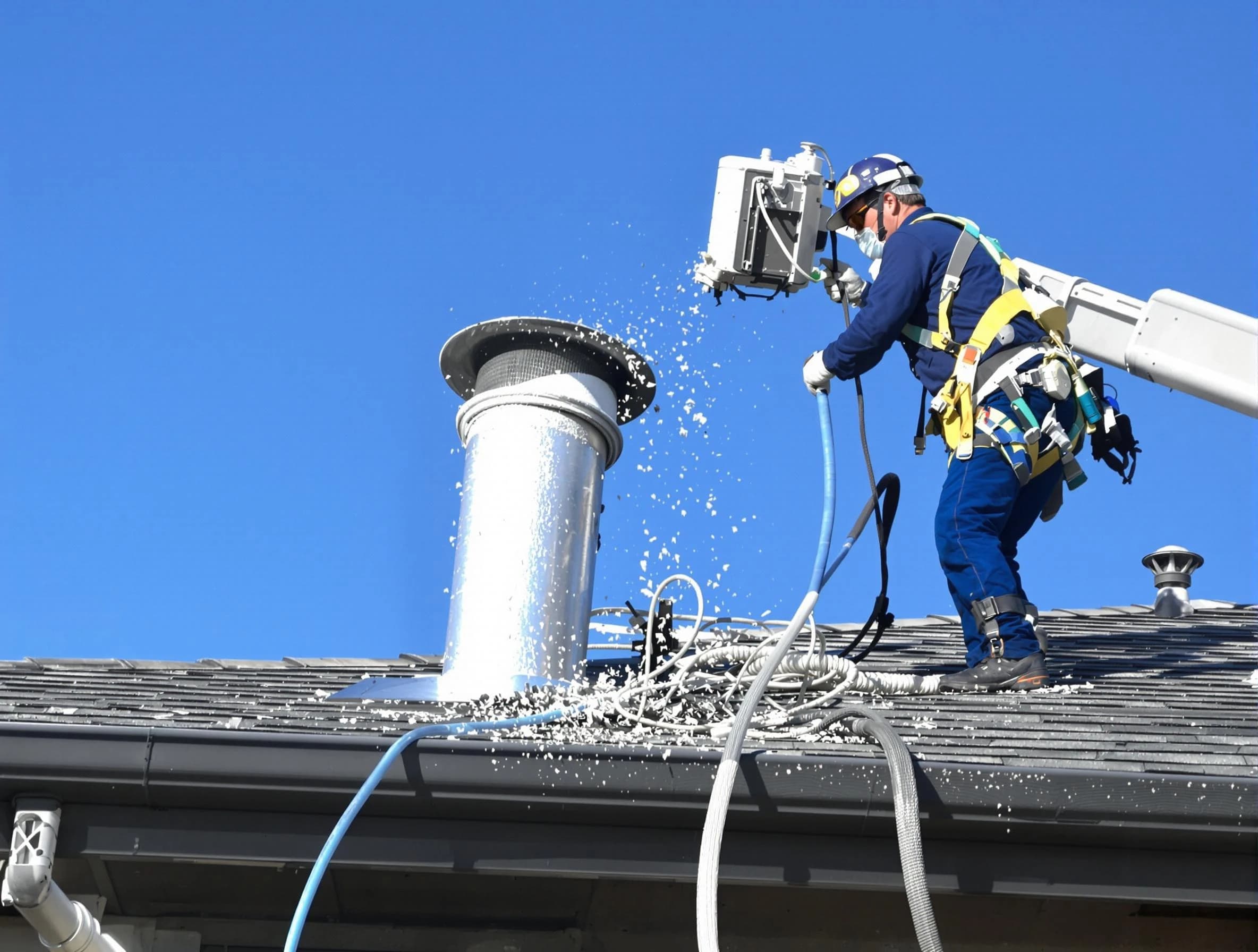 Orem Dryer Vent Cleaning certified technician safely cleaning a roof-mounted dryer vent in Orem