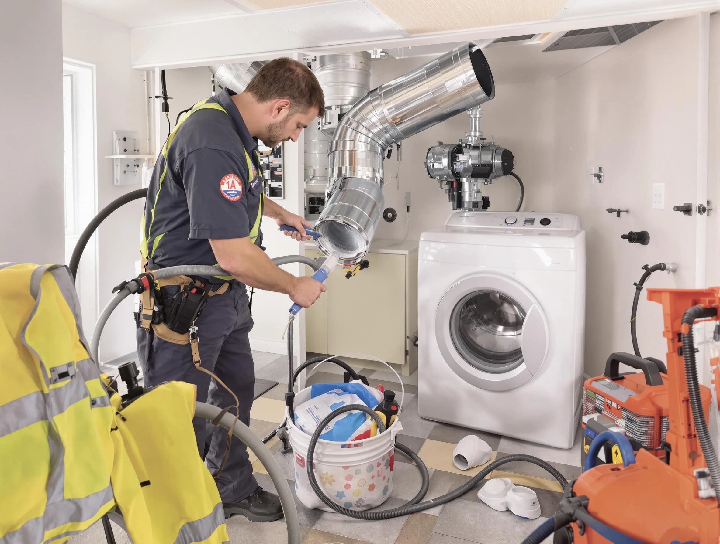 Orem Dryer Vent Cleaning technician using specialized equipment to clear severe dryer vent blockage in Orem
