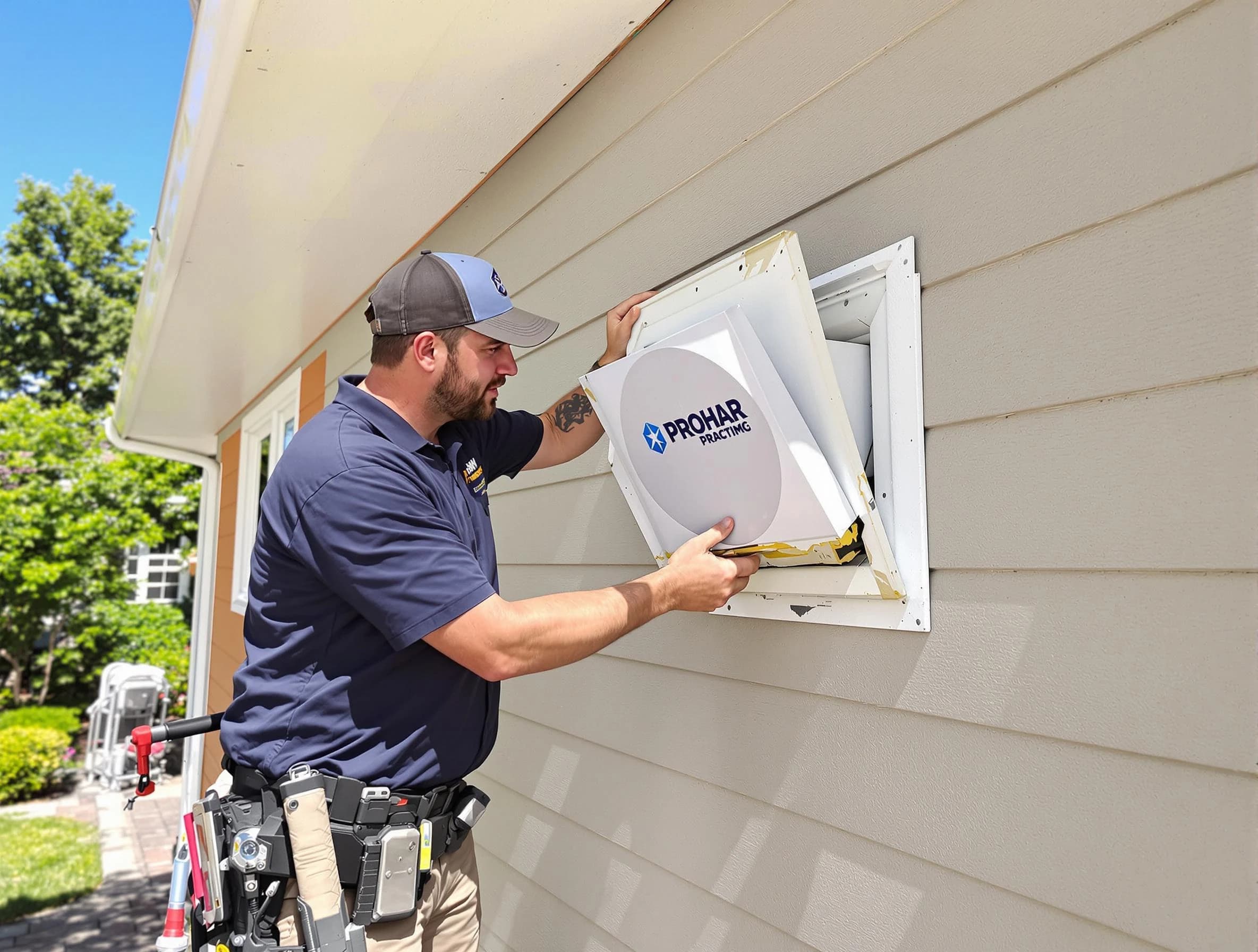 Orem Dryer Vent Cleaning technician installing a new protective dryer vent cover on a home in Orem