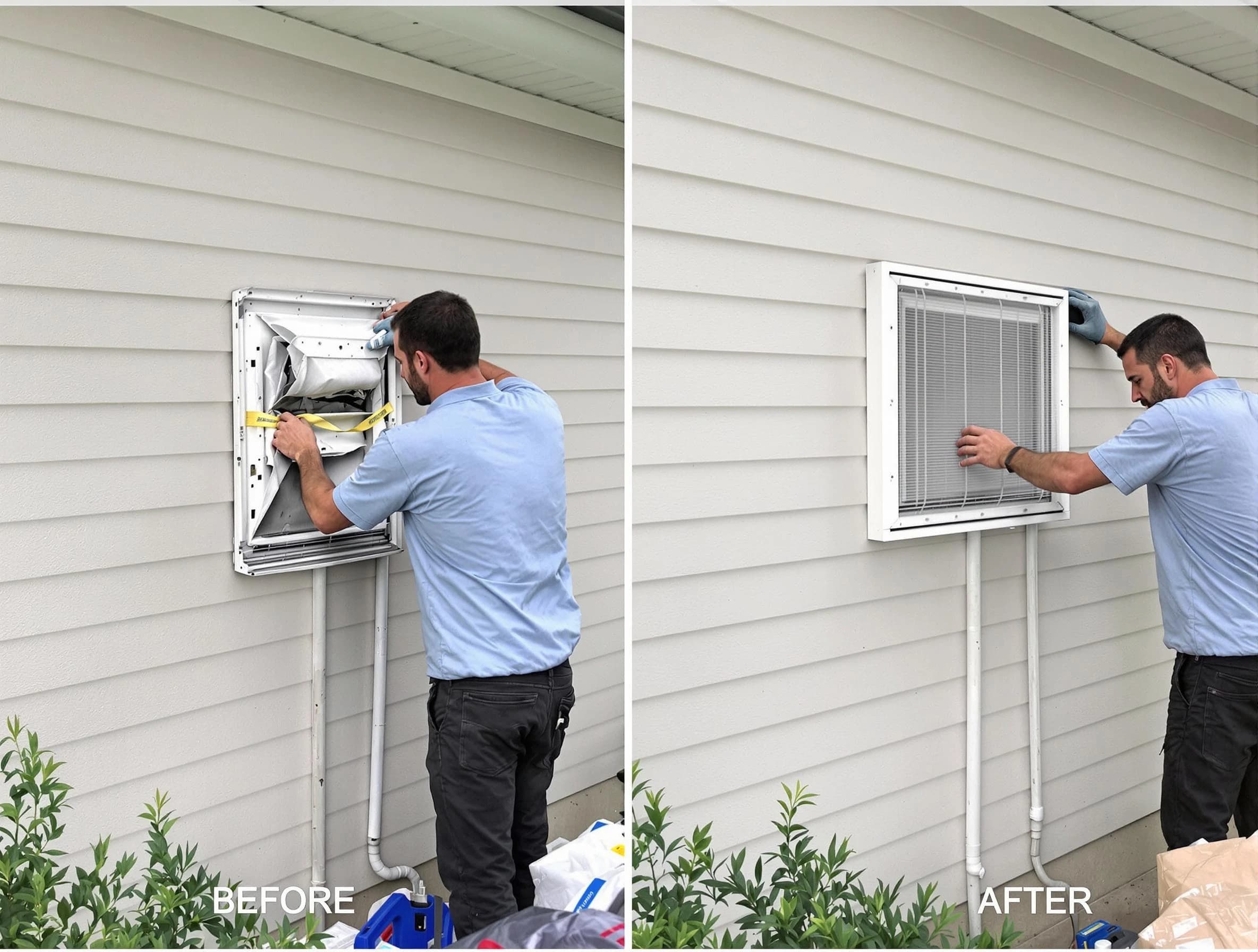 Orem Dryer Vent Cleaning technician installing high-quality dryer vent cover at a residential property in Orem