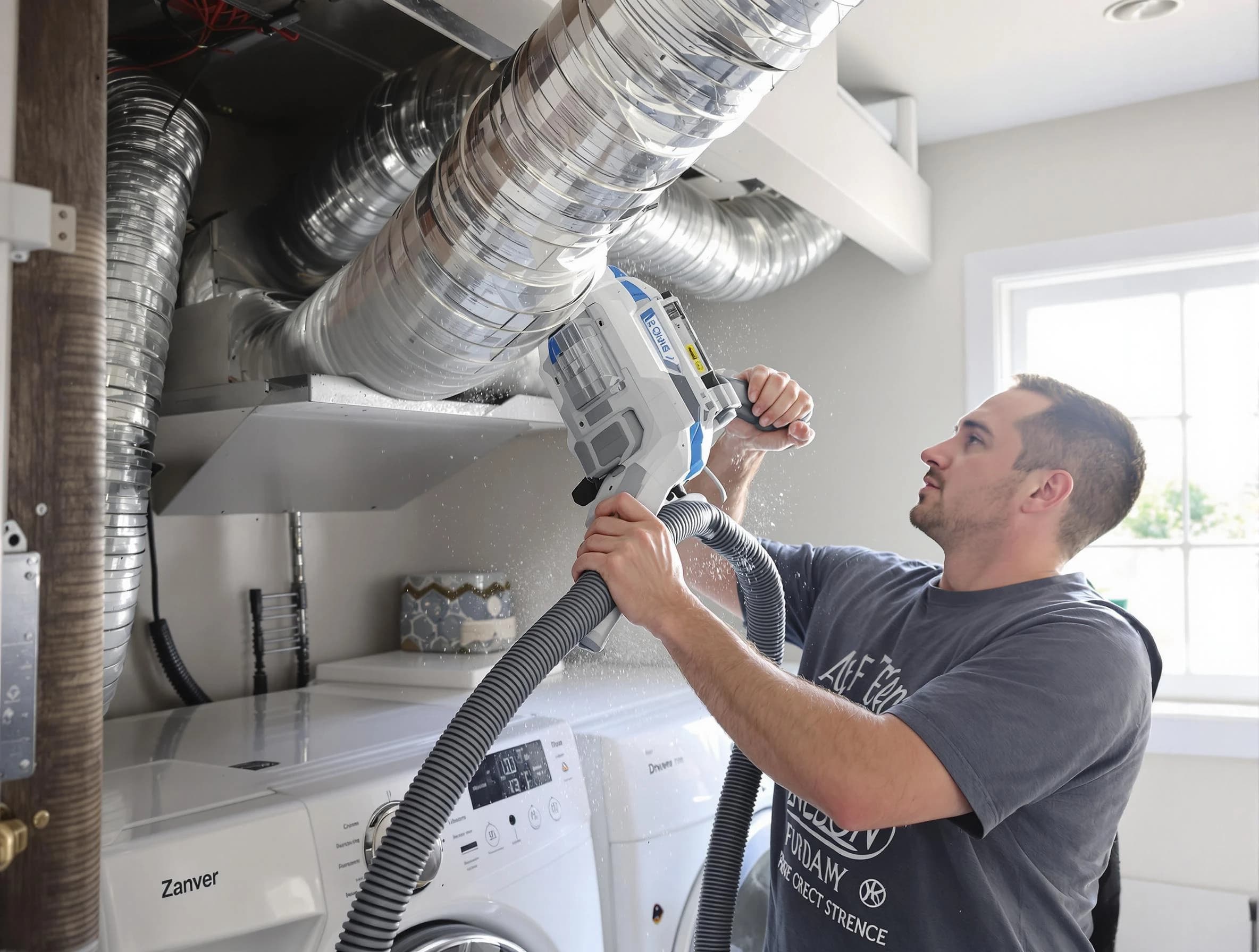 Orem Dryer Vent Cleaning specialist cleaning deep within a dryer vent duct system in Orem